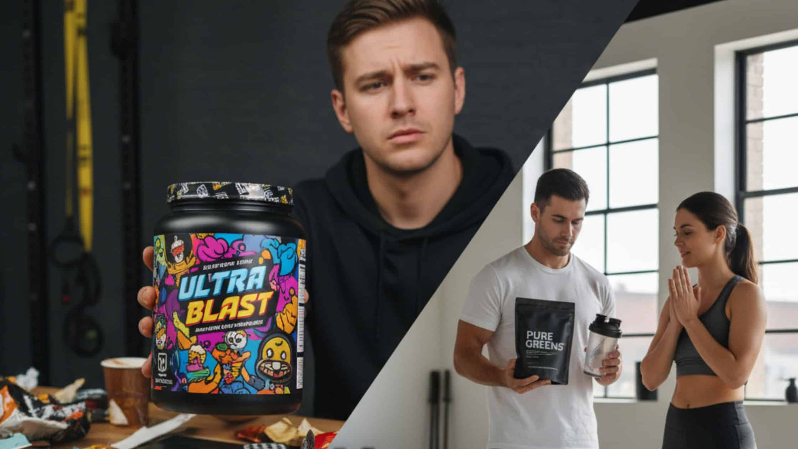 a flashy, colorful tub of a cheap TikTok Shop supplement on a messy tabl. On the right side: a clean, modern fitness studio setting, personal trainer holding a pack of Greens
