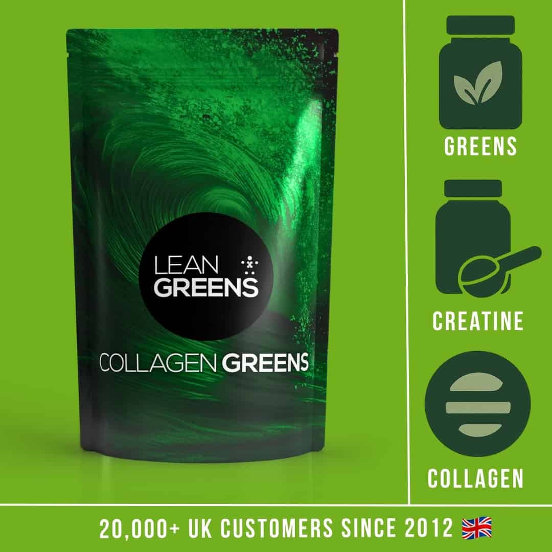 Lean Greens Collagen Greens package on a green background with icons and text. UKs best super greens powder