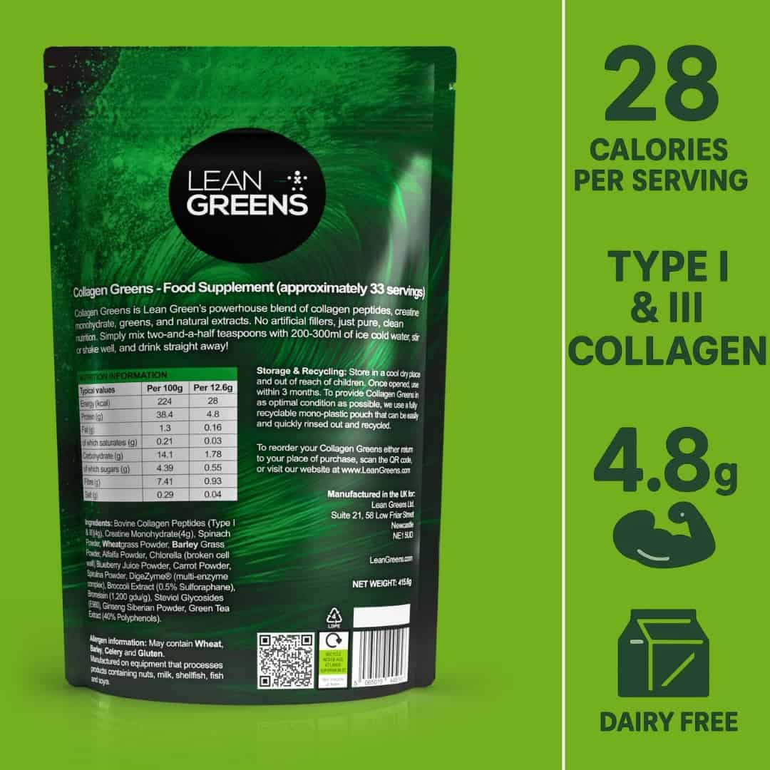 Lean Greens Collagen Greens supplement package with nutritional information, ingredients on a green background