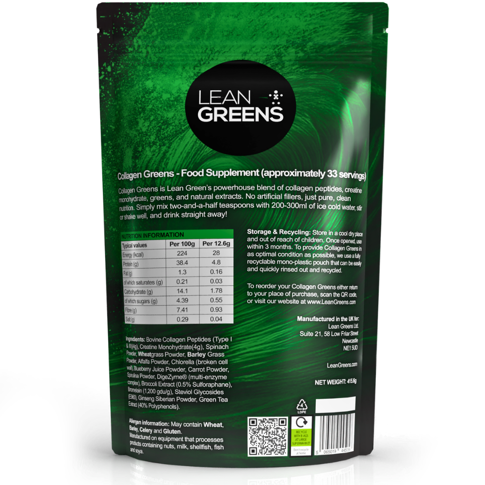 Collagen Greens supplement package with 'Lean Greens' branding on a white background