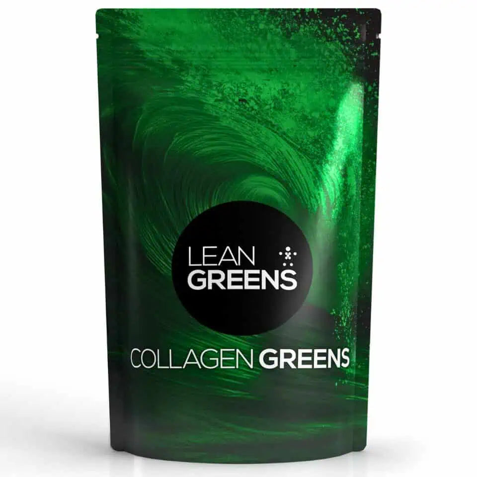 Green package of Lean Greens Collagen Greens on a white background