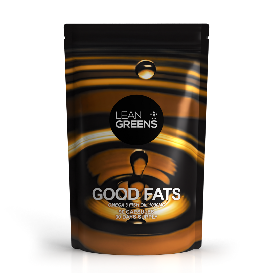 A pack of Good Fats premium omega 3 fish oils by Lean Greens, with a black and gold color scheme. UK best Omega 3 softgels
