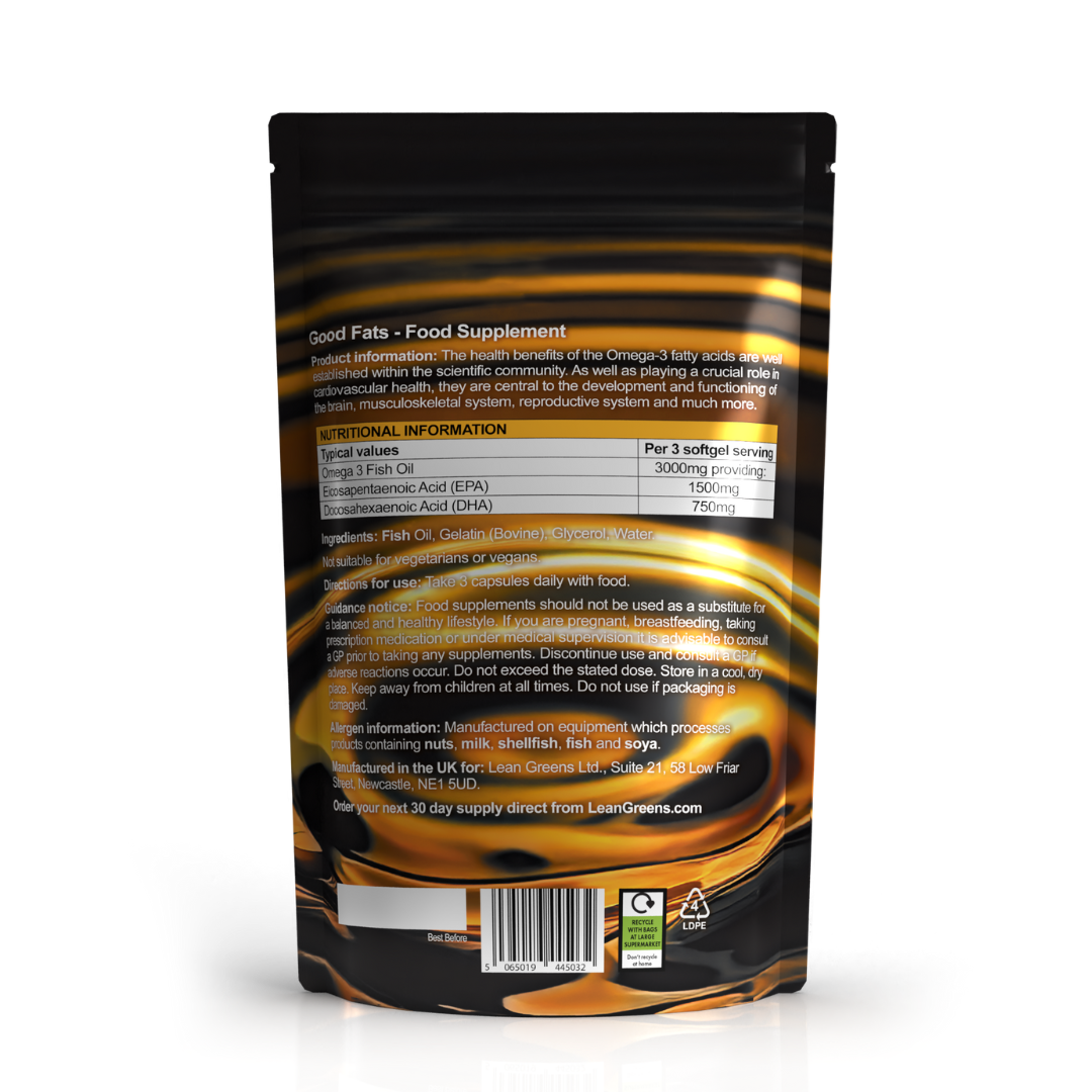 Ingredients panel of Good Fats, Omega 3 supplement showing a high dose of omega 3 fish oils