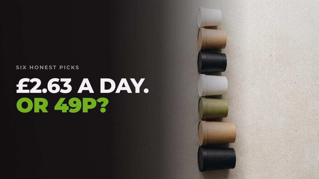 Seven unlabelled tubs of increasing height lined up on concrete. Headline: £2.63 a day. Or 49p?
