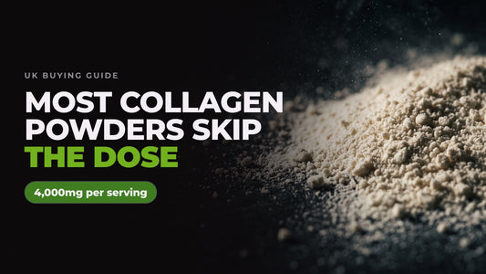Pale collagen peptide powder spilled across a black surface under hard light, captioned “Most collagen powders skip the dose” alongside a note reading 4,000mg per serving.
