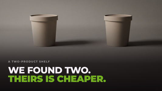 Just two unlabelled tubs on an otherwise empty studio backdrop. Headline: We found two. Theirs is cheaper.