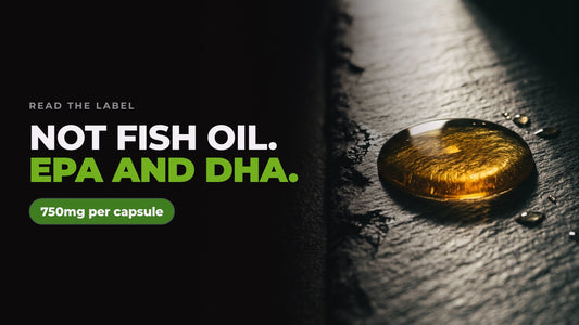 A single golden omega-3 oil droplet glistening on dark slate, captioned “Not fish oil. EPA and DHA” alongside a note reading 750mg per capsule.