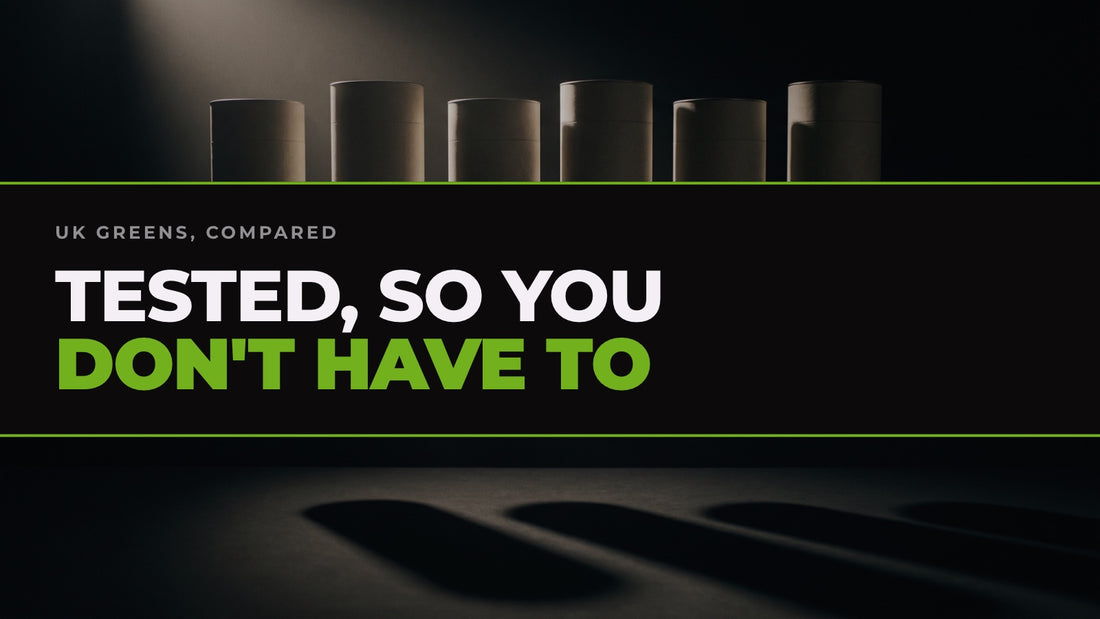 Six unbranded greens powder containers lit in a row against black, captioned “Tested, so you don't have to”.