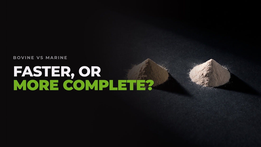 Two small piles of powder side by side on black slate, one warm cream and one pale pearl, captioned “Faster, or more complete?”