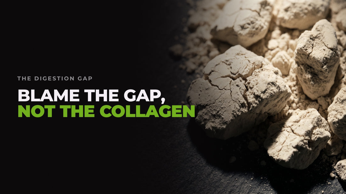 Macro shot of pale collagen powder seized into hard dry clumps on a black surface, captioned “Blame the gap, not the collagen”.