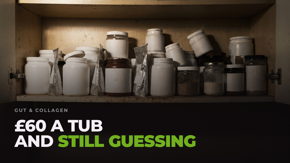 A crowded kitchen cupboard shelf of unlabelled supplement tubs and pouches in dim light, captioned “£60 a tub and still guessing”.