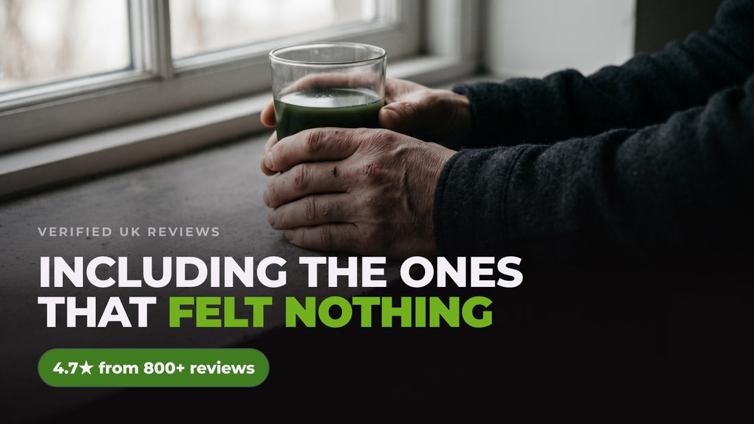 Hands cradling a glass of dark green drink on a worktop beside a window, captioned “Including the ones that felt nothing” alongside a note reading 4.7 stars from 800+ reviews.