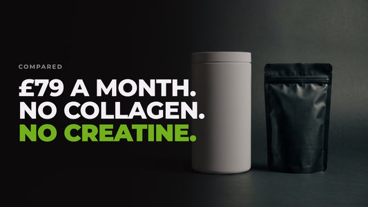 A tall white supplement tub beside a black pouch on a dark backdrop, captioned “£79 a month. No collagen. No creatine.”