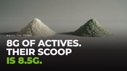 Two heaps of powder of almost identical size, one cream and one green, side by side. Headline: 8g of actives. Their scoop is 8.5g.