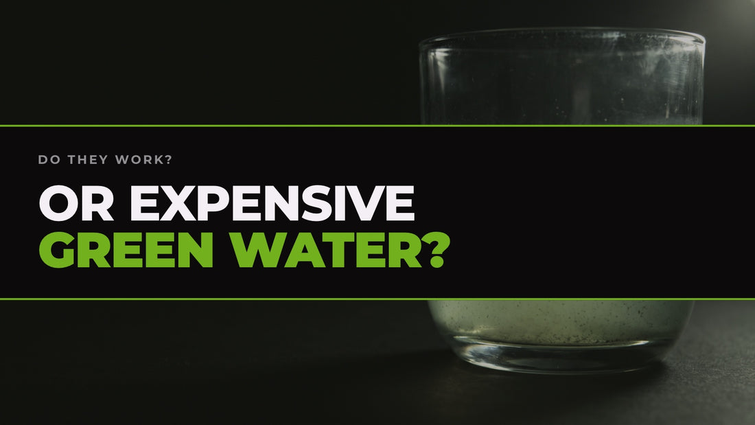 A glass of thin, cloudy pale green liquid with sediment settling at the bottom, captioned “Or expensive green water?”