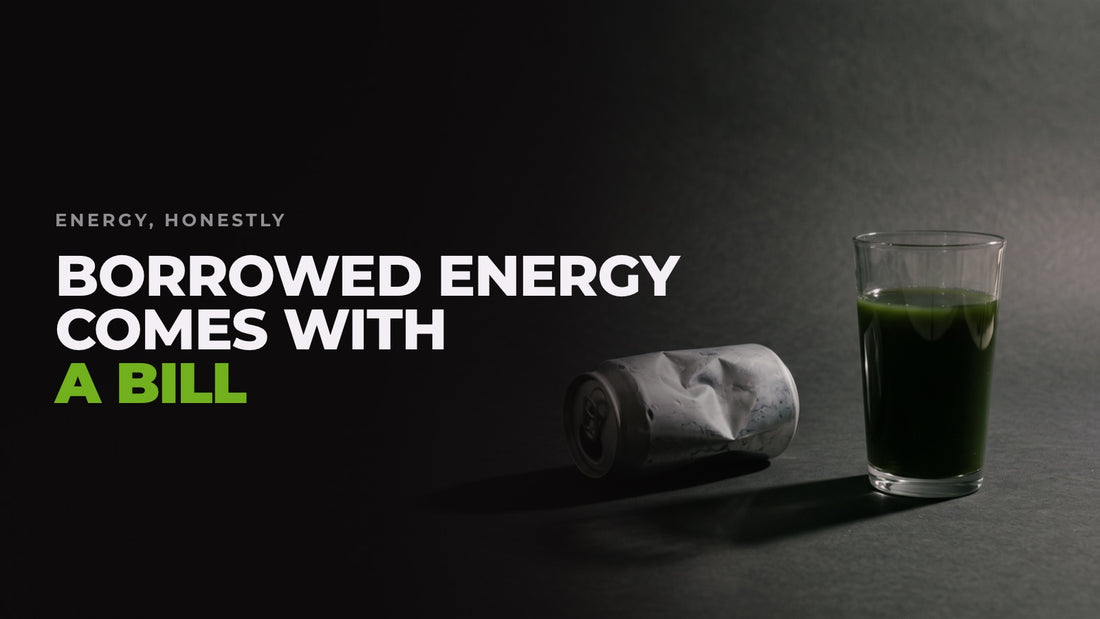 A crushed energy drink can beside an upright glass of green drink on a dark backdrop, captioned “Borrowed energy comes with a bill”.