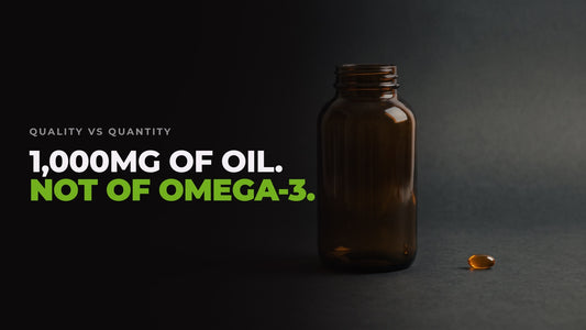 A large amber fish oil bottle beside one tiny capsule on a dark backdrop, captioned “1,000mg of oil. Not of omega-3.”