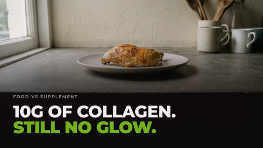 A piece of crisp roast chicken on a plain plate on a kitchen worktop, captioned “10g of collagen. Still no glow.”
