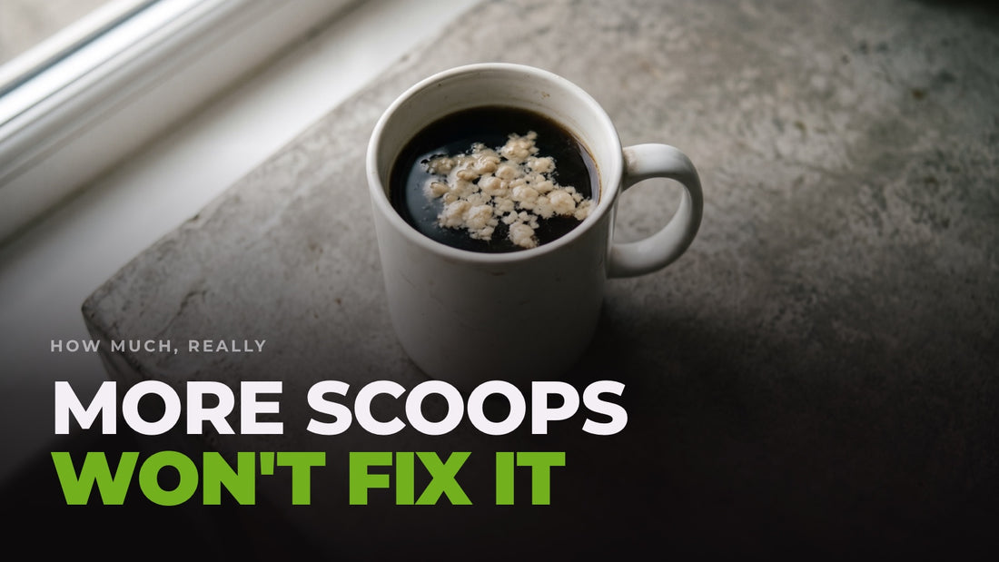 A mug of black coffee on a windowsill with pale collagen powder clumping unmixed on the surface, captioned “More scoops won't fix it”.