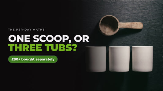 A single wooden measuring scoop above three plain white tubs on black slate, captioned “One scoop, or three tubs?” alongside a note reading £80+ bought separately.