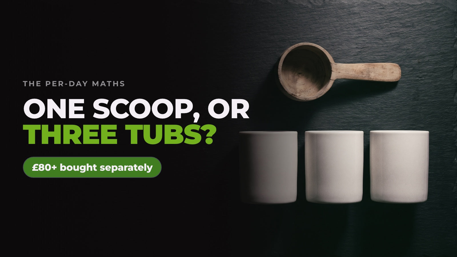 A single wooden measuring scoop above three plain white tubs on black slate, captioned “One scoop, or three tubs?” alongside a note reading £80+ bought separately.