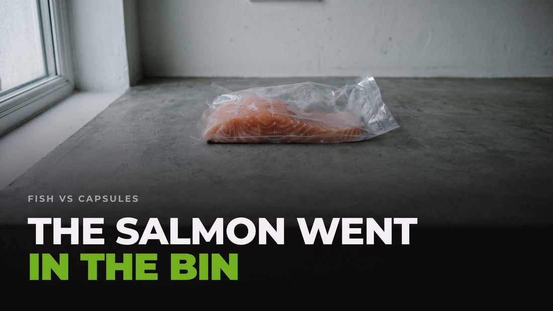 An untouched salmon fillet still sealed in its supermarket packaging on a kitchen worktop, captioned “The salmon went in the bin”.