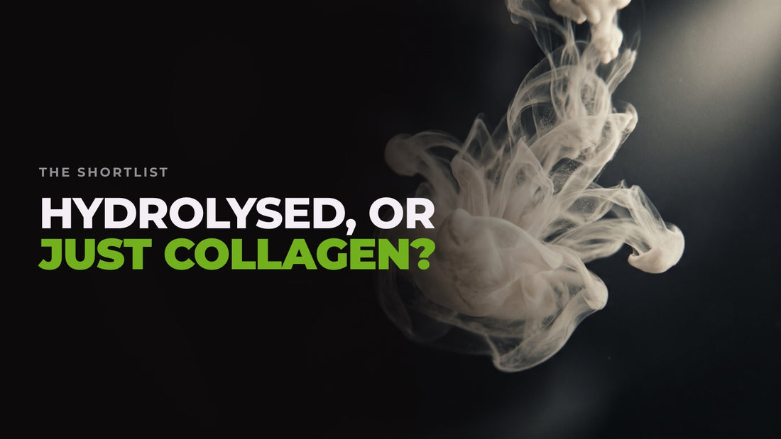 A pale bloom of dissolving powder unfurling through clear water against black, captioned “Hydrolysed, or just collagen?”