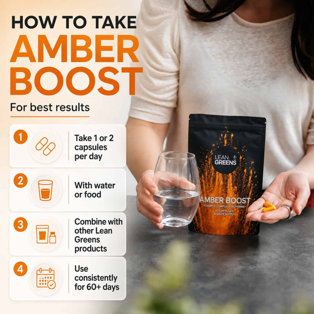 How to take Amber Boost: one or two capsules per day, with water or food, alongside other Lean Greens products, used consistently for 60 days or more.