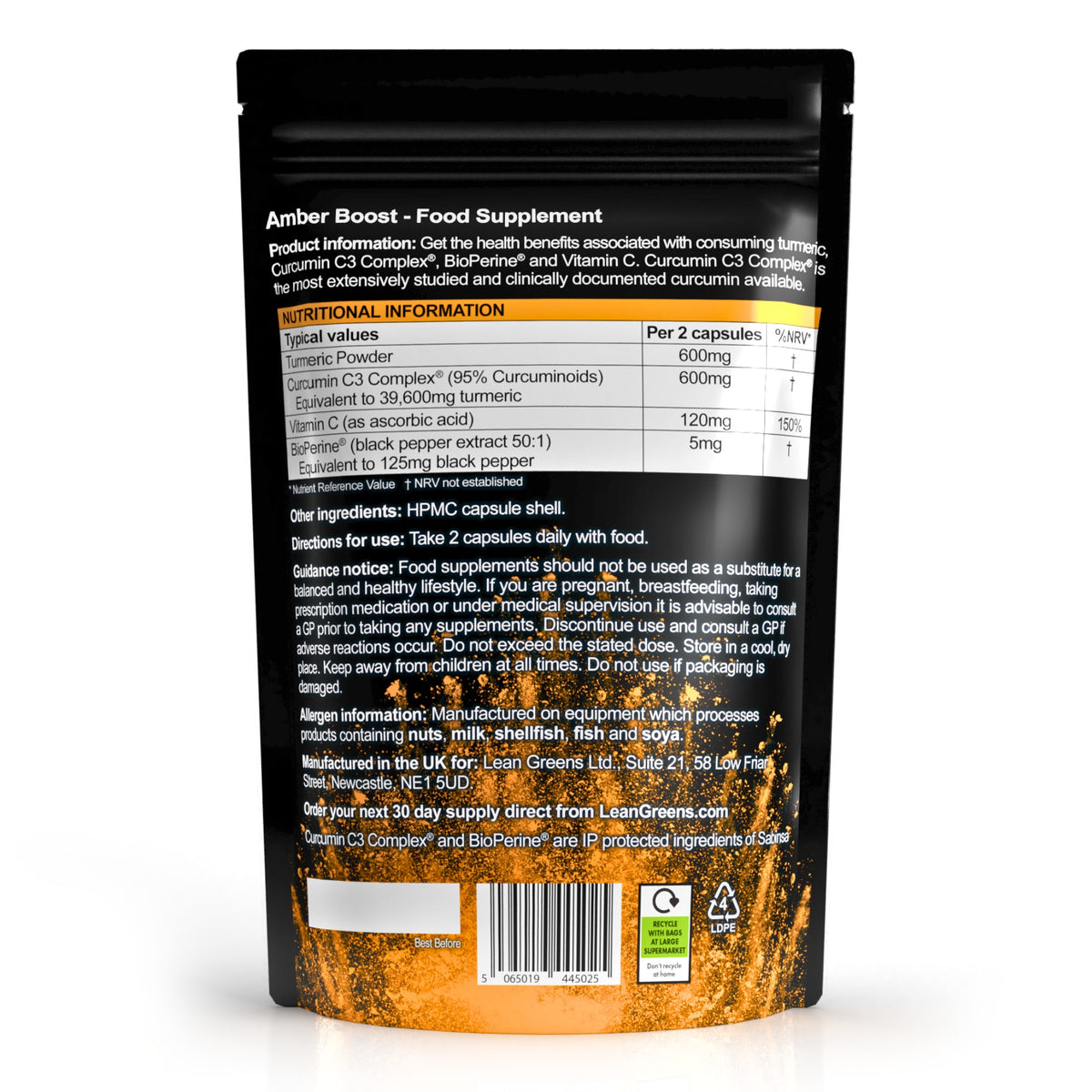 The back of the Amber Boost pouch, showing the nutritional information table, directions for use, allergen information and manufacturer details.