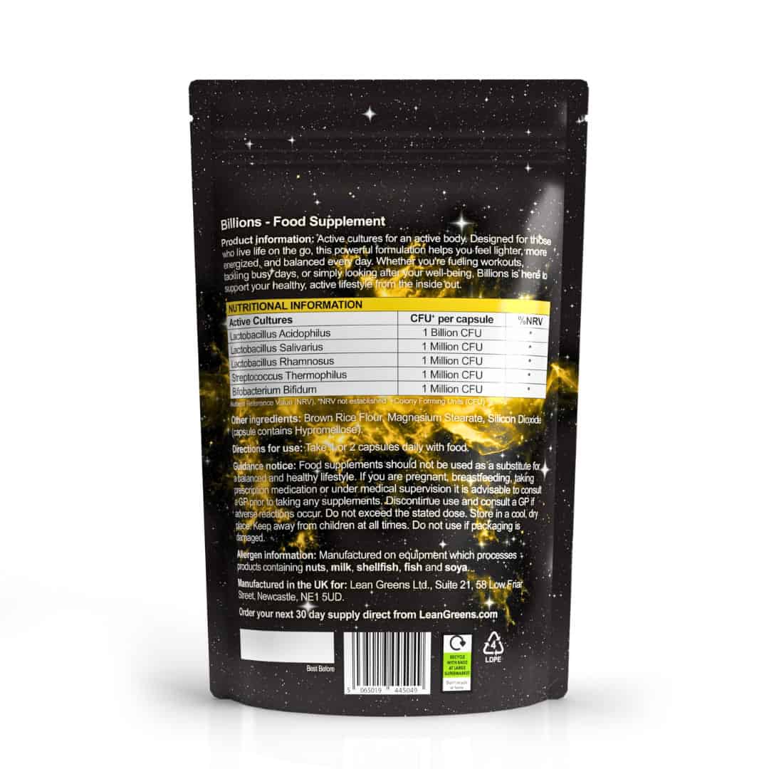 The back of the Billions pouch, showing the active cultures table with CFU per capsule, directions for use, allergen information and manufacturer details.