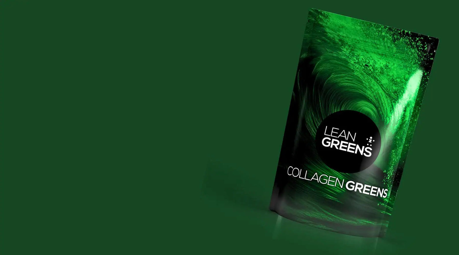 Green package of Lean Greens Collagen Greens on a green background