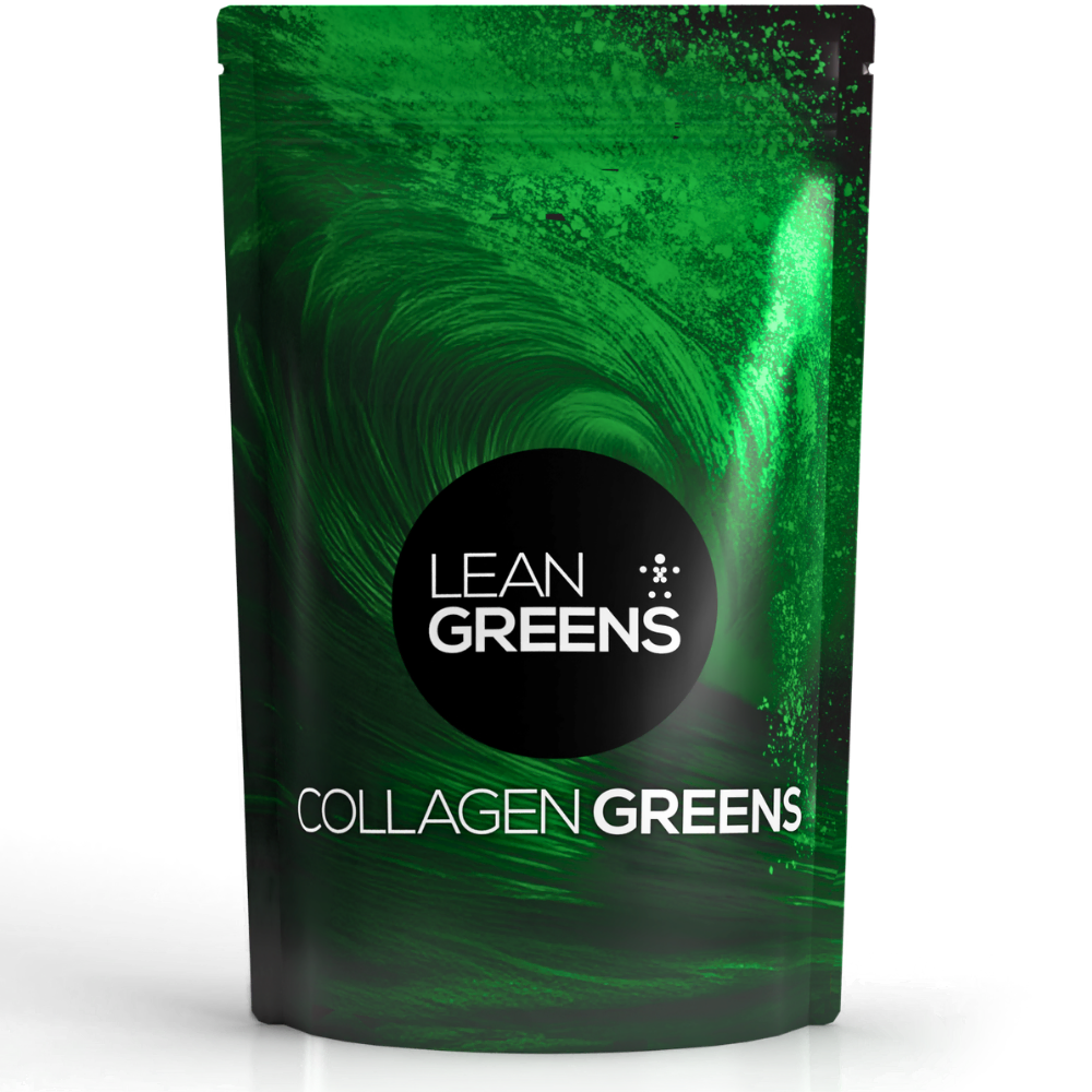 Green package of Lean Greens Collagen Greens on a white background
