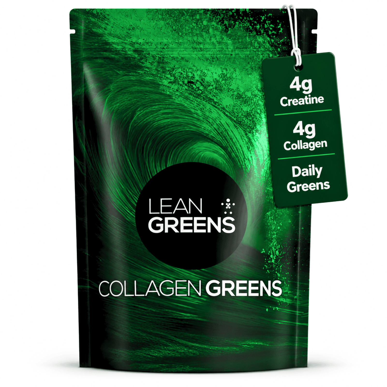 Lean Greens Collagen Greens powder pouch with a green and black, featuring a hanging tag that reads 4g Creatine, 4g Collagen, and Daily Greens.