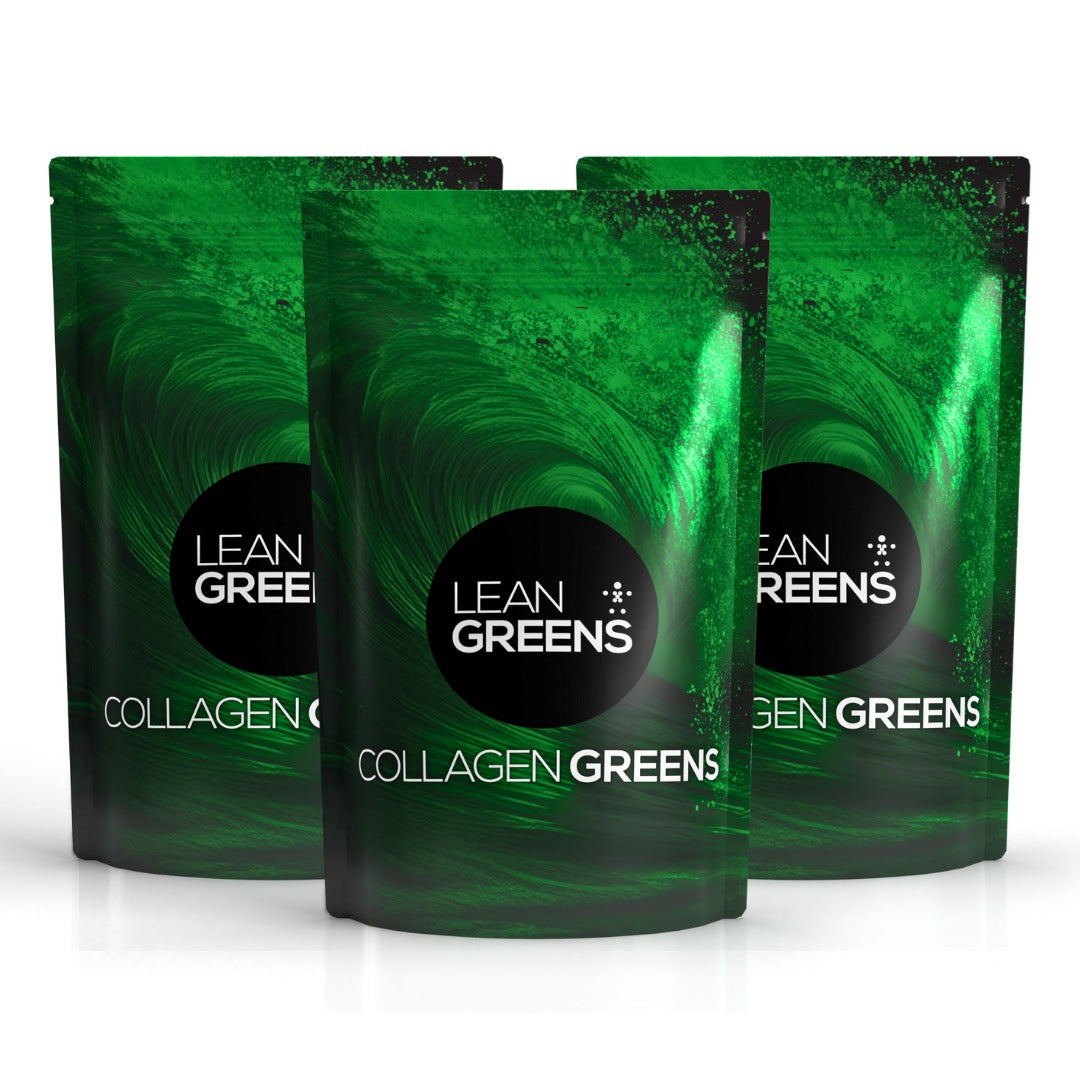 Three packages of Lean Greens Collagen Greens on a white background