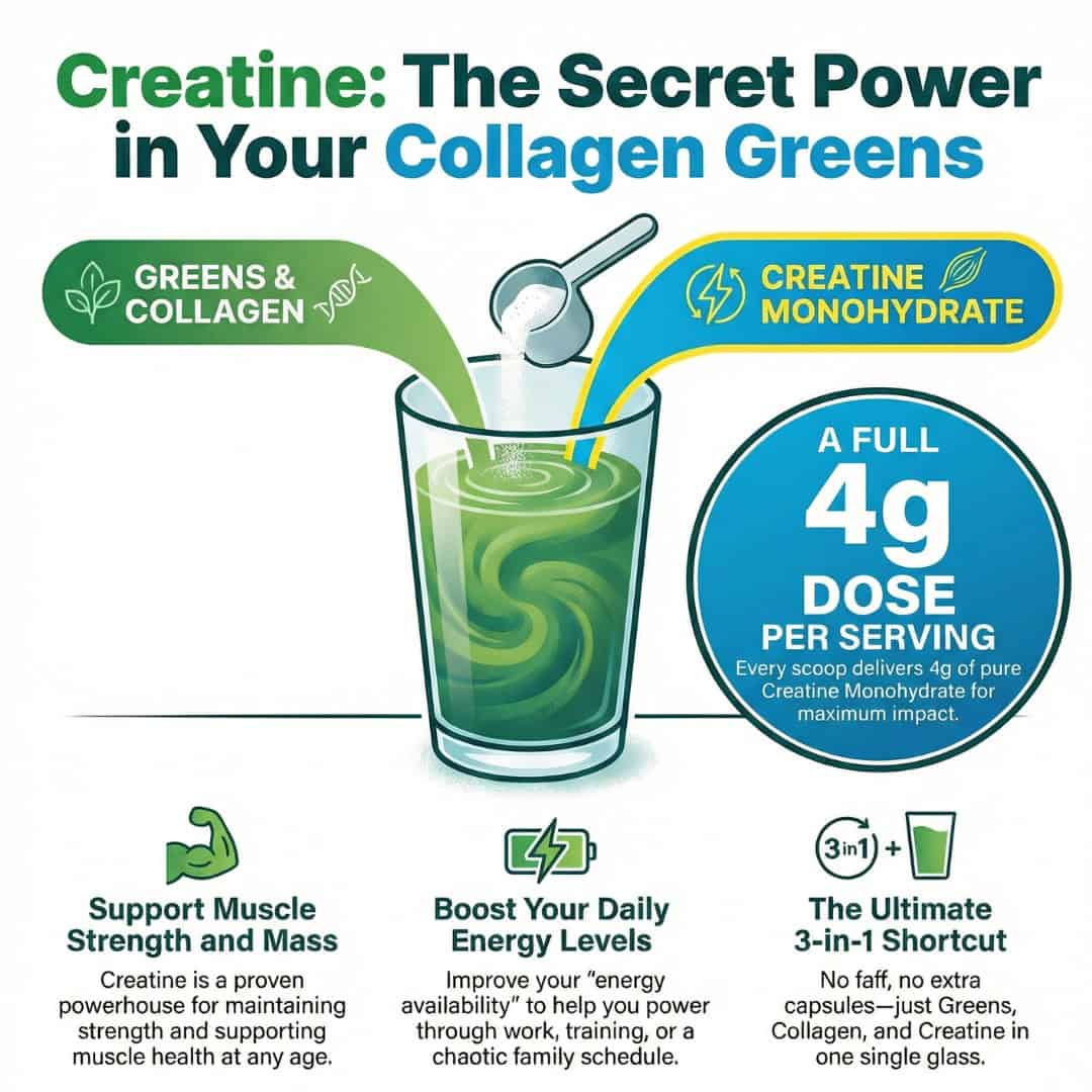 Promotional graphic for creatine supplement in a greens and collagen drink, highlighting benefits and serving size. High quality alternative to AG1 in the UK