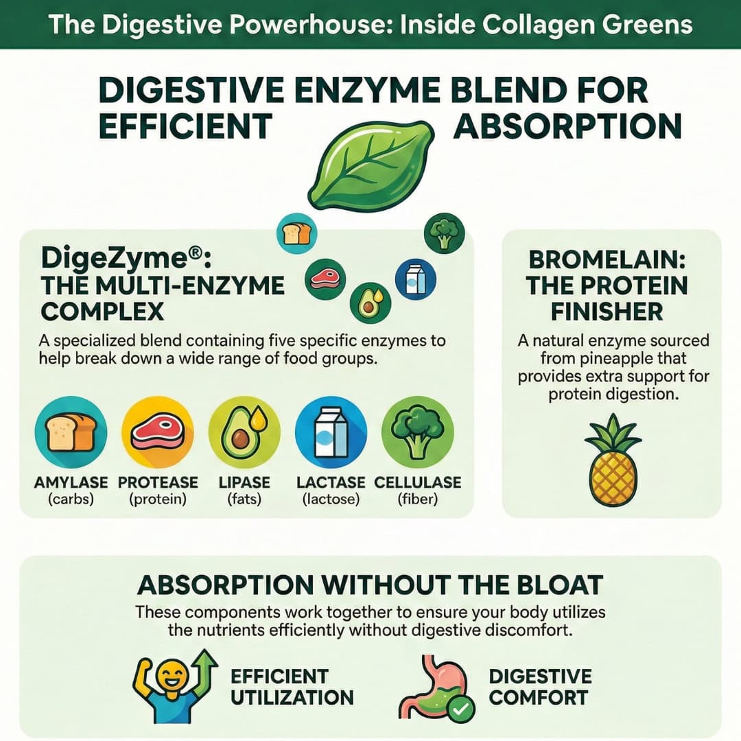 Diagram of digestive enzyme blend for efficient absorption with images and text on a green background. Demonstrating the digestive enzyme blend found in collagen Greens a UK alternative to AG1
