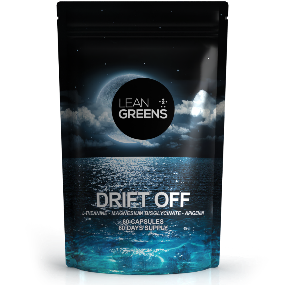 A black and blue package of 'Drift Off' supplement with a night sky and moon design, labeled with the brand Lean Greens and information about the product being magnesium bisglycinate L-theanine apigenin with 60 capsules.