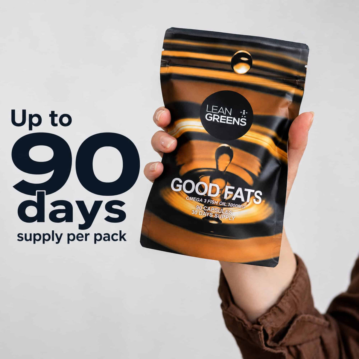 A hand holding a Good Fats pouch beside the line "Up to 90 days supply per pack".