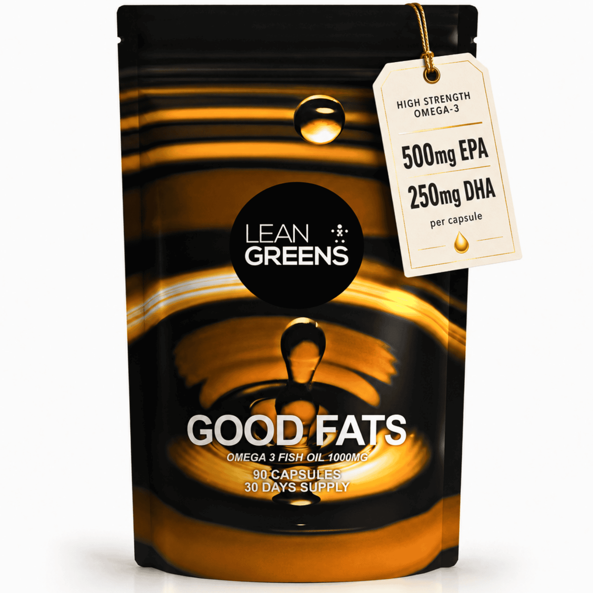 Good Fats omega-3 fish oil pouch with a swing tag reading high strength omega-3, 500mg EPA and 250mg DHA per capsule. 90 capsules, 30 days supply.