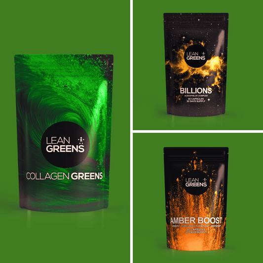Gut Health Essentials bundle by Lean Greens, Collagen Greens, Billions probiotic and Amber Boost