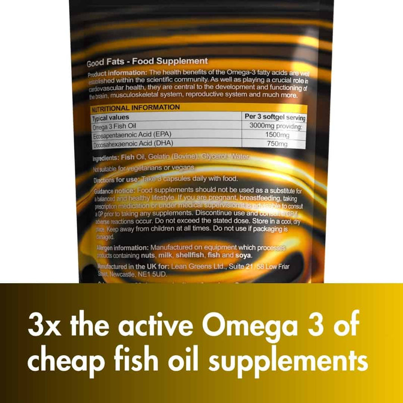 Omega 3 Supplement package with nutritional information and branding details on a white background