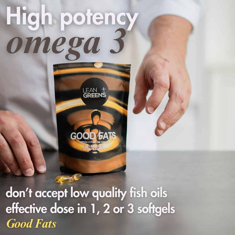 Lean Greens Good Fats supplement package with text about omega-3 potency and quality.