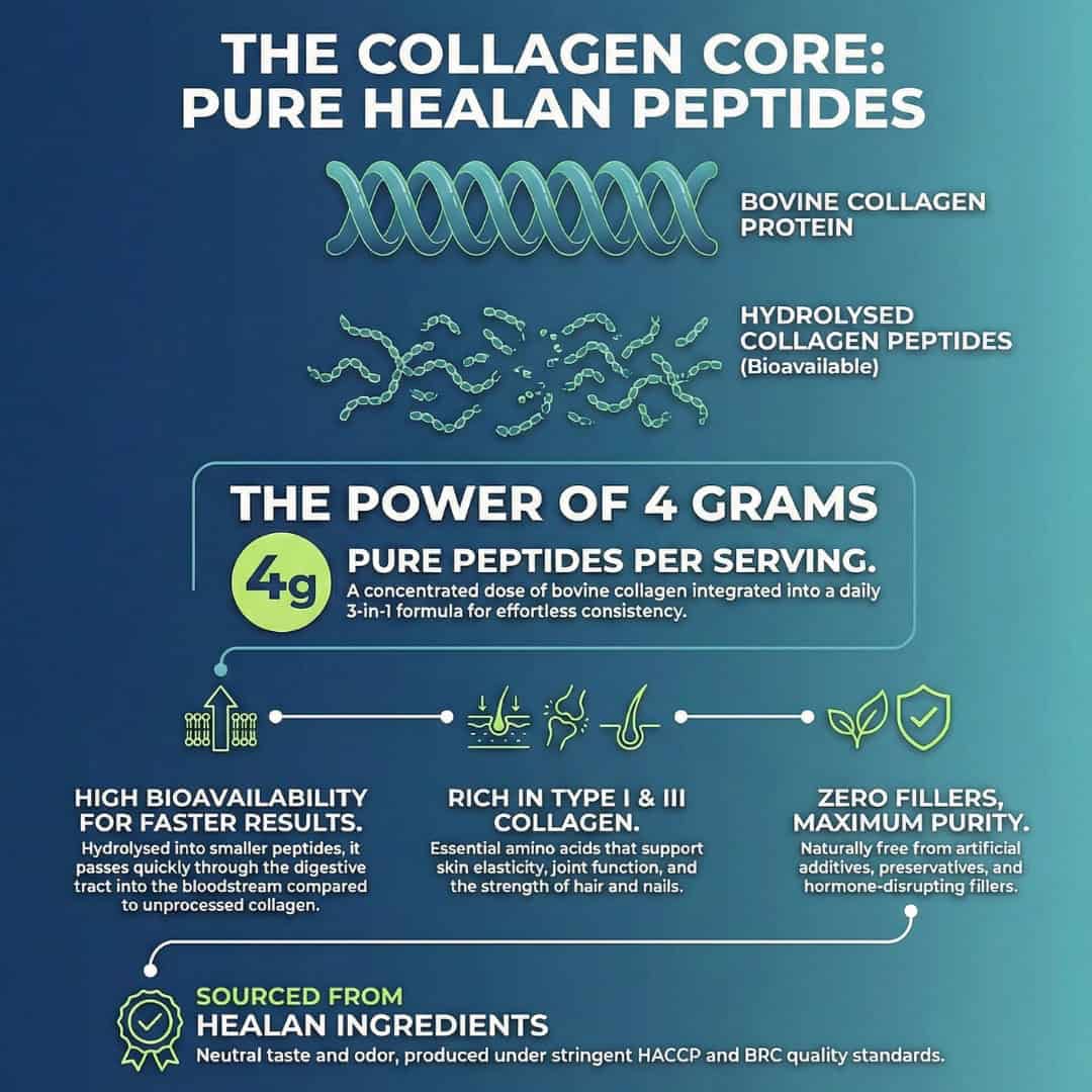 Infographic about collagen peptides on a blue background. Unique formulation ingredient found in Collagen Greens Super greens powder