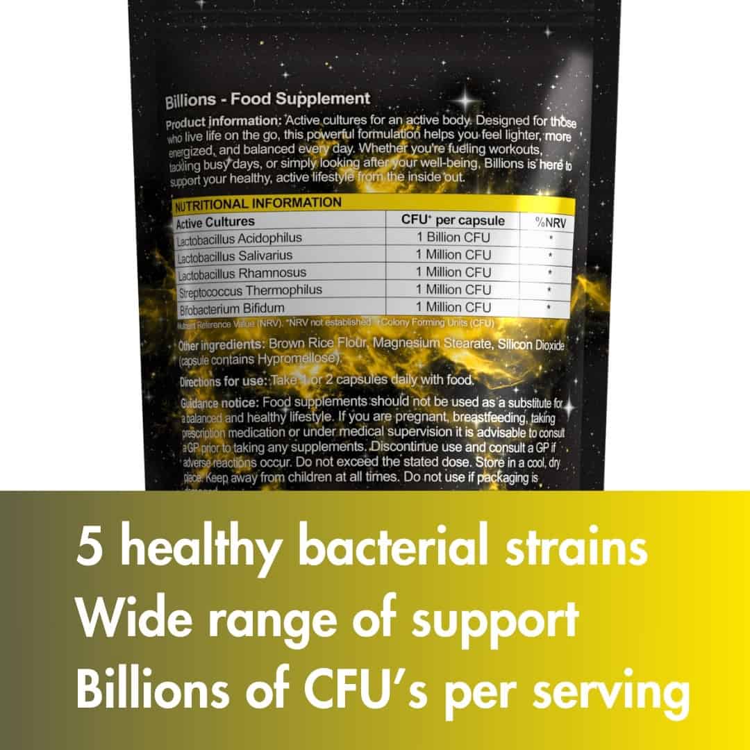 The back of the Billions pouch listing five active cultures — Lactobacillus acidophilus, Lactobacillus salivarius, Lactobacillus rhamnosus, Streptococcus thermophilus and Bifidobacterium bifidum — above the line "5 healthy bacterial strains, wide range of support".