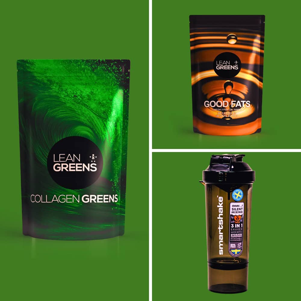 Plan B Fitness exclusive supplement bundle by Lean Greens, Collagen Greens and Good Fats omega-3
