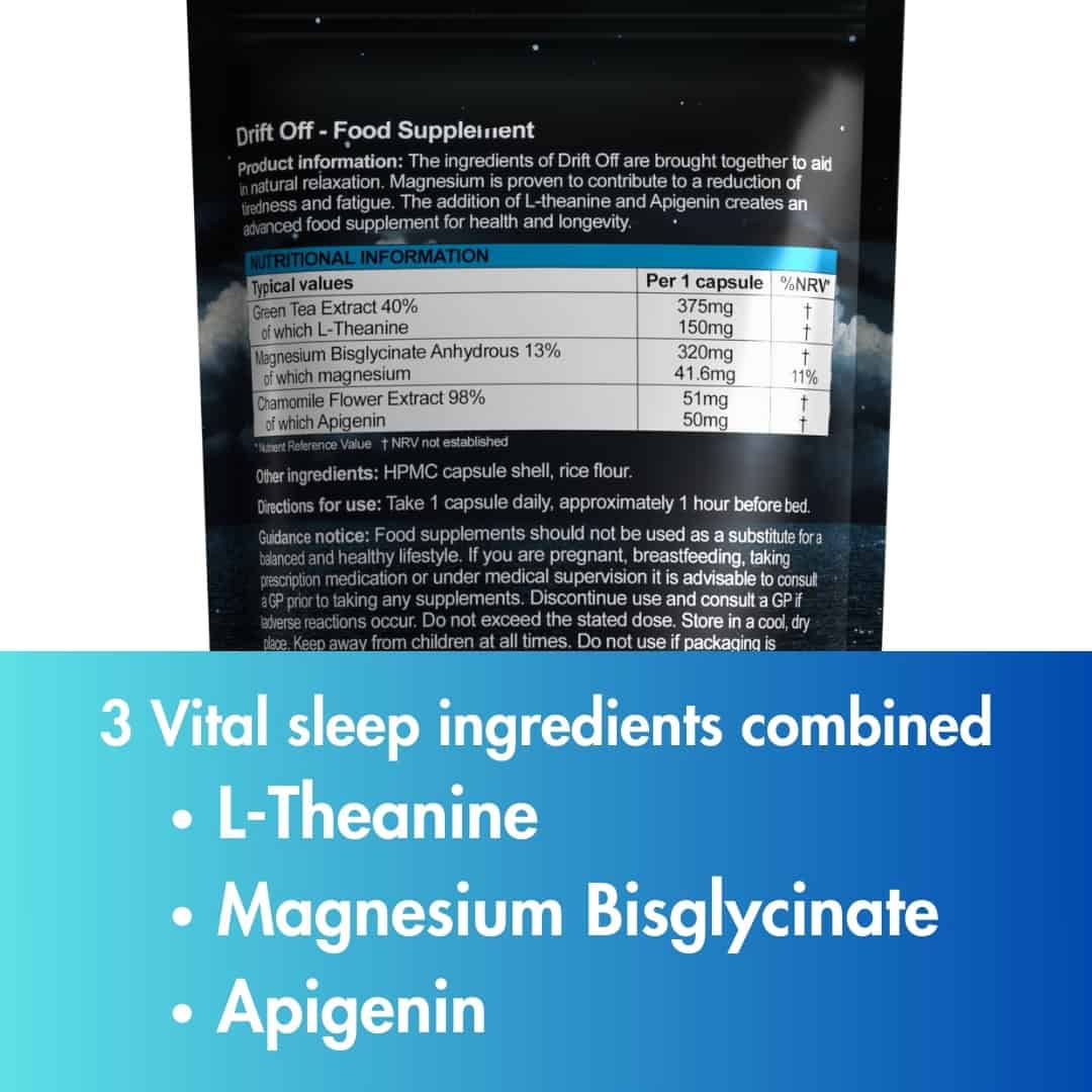 Drift Off sleep supplement Nutritional information label on a supplement package with a blue accent.