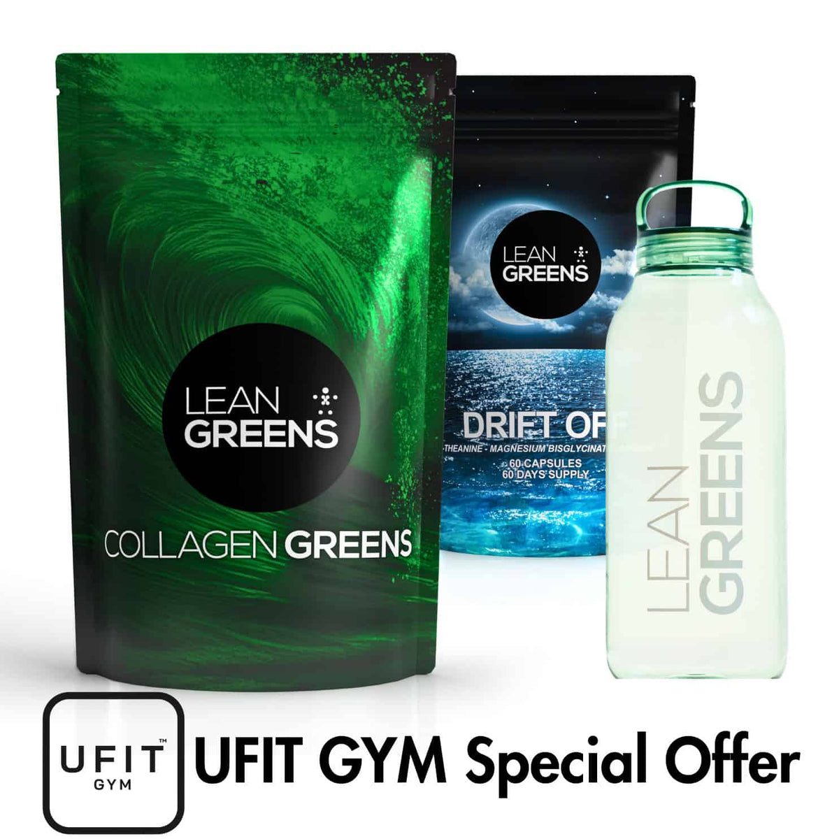 Ufit exclusive supplement bundle by Lean Greens, Collagen Greens and Good Fats omega-3