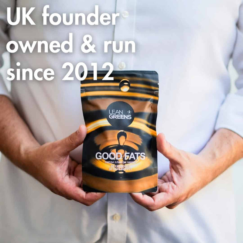Person holding a 'Good Fats' package with text about UK founder and year of establishment. UKs highest potency Omega 3 supplement