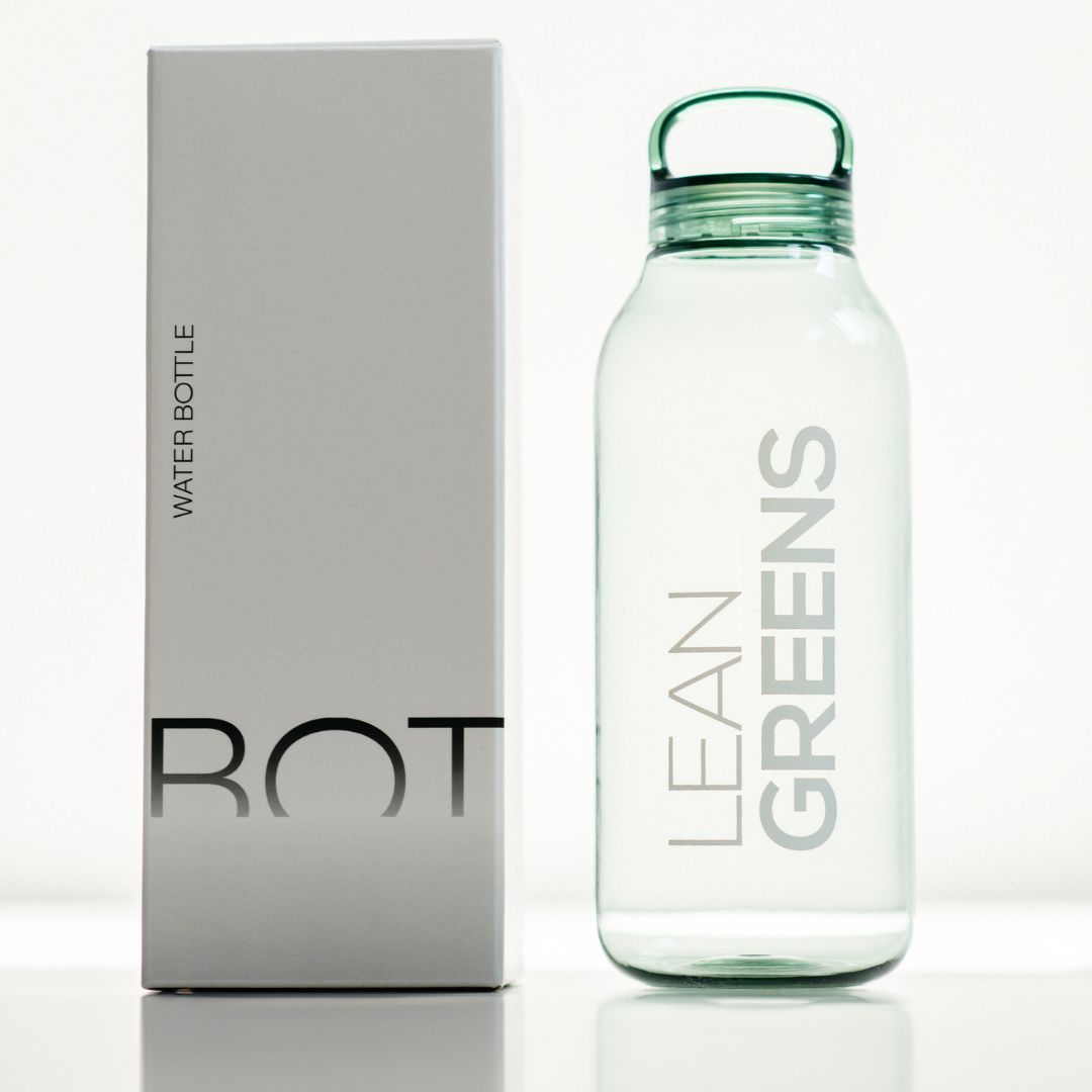Kinto water bottle and packaging box by Lean Greens, 500ml supplement bottle