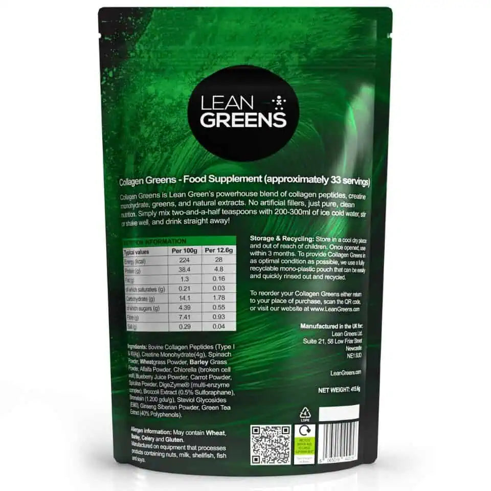 Collagen Greens supplement package showing the nutrition information with 'Lean Greens' branding on a white background